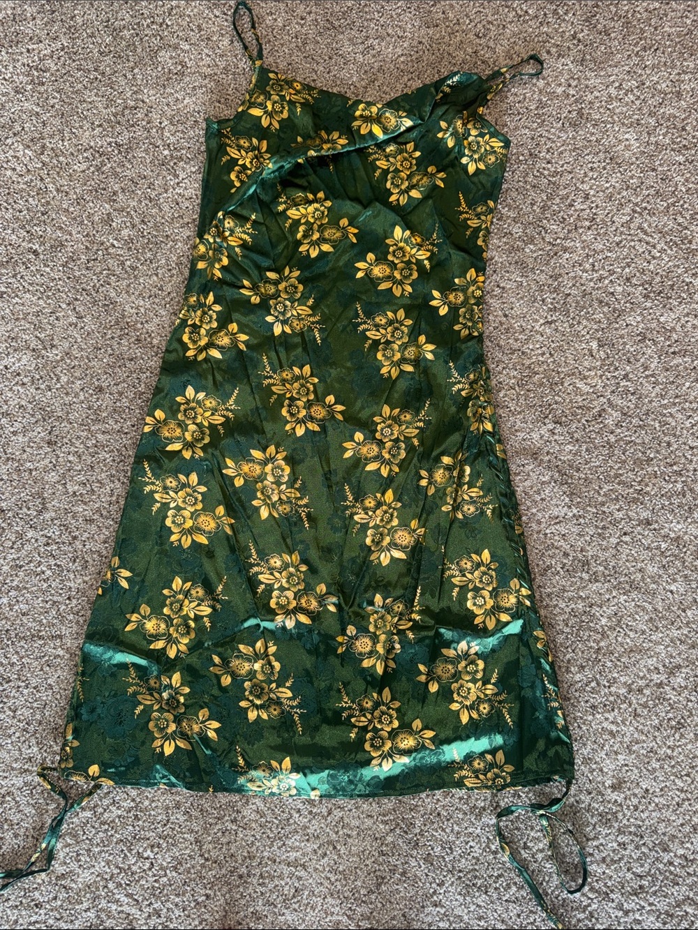 SHEIN Dark Green Satin Mini Dress with Gold Floral Print